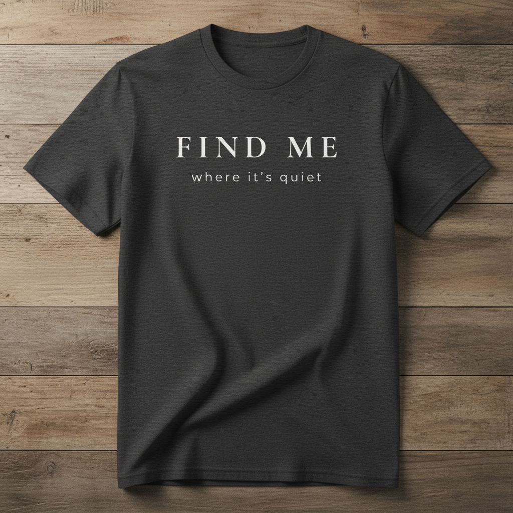 Dark Gray 'FIND ME Where it's quiet tee" on reclaimed wood surface