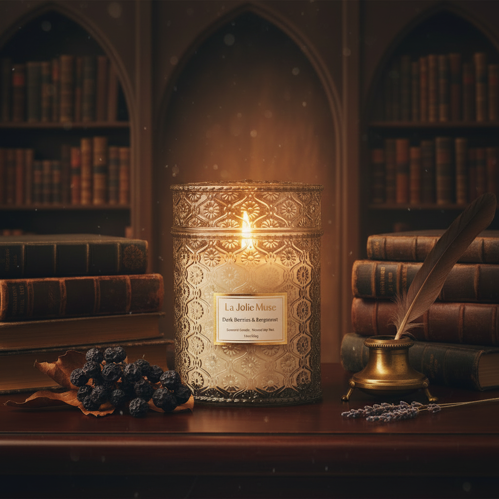 A lit scented candle in an ornate gold-toned patterned jar sits on a wooden table in a cozy library setting, surrounded by old books, a feather quill in a brass holder, and a small sprig of lavender. The candle label reads 'La Jolie Muse' and 'Dark Berries & Bergamot'.