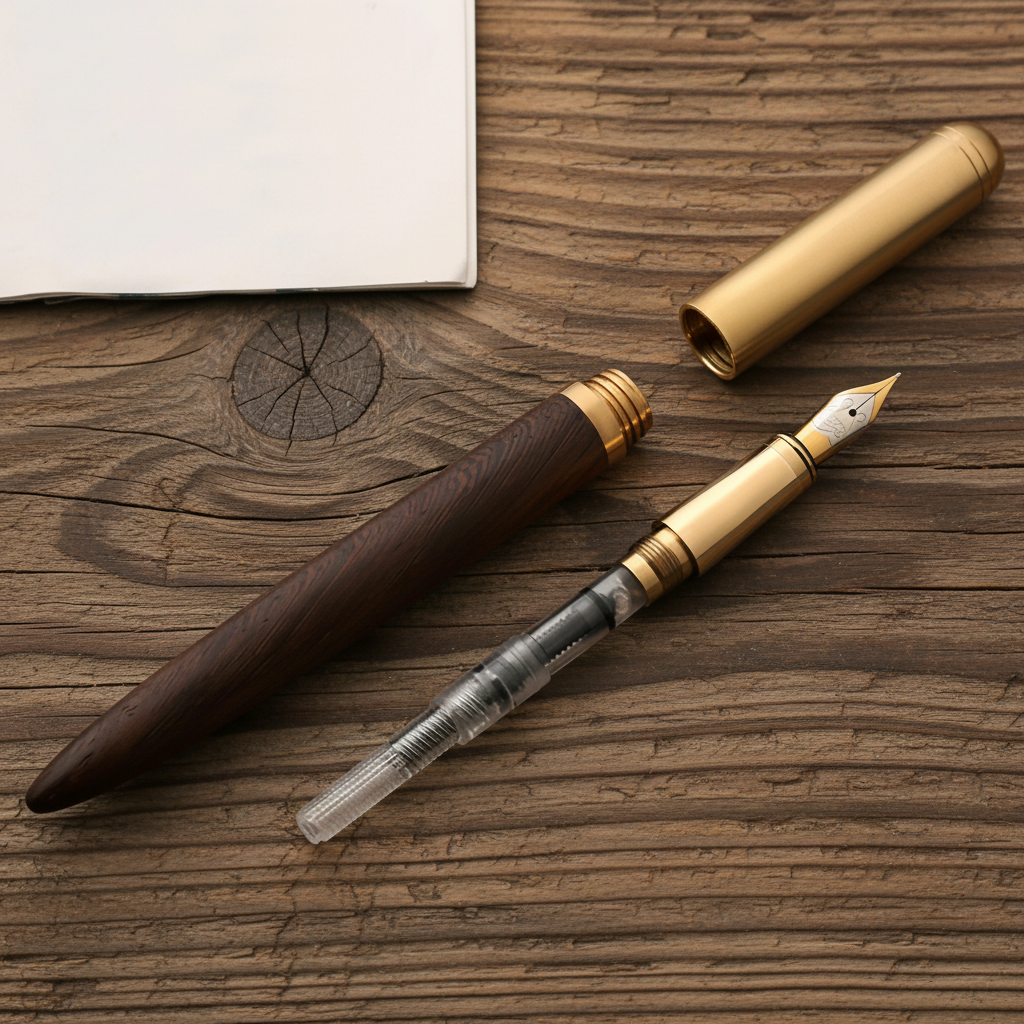 Fountain pen with wooden barrel and gold accents on a wooden surface