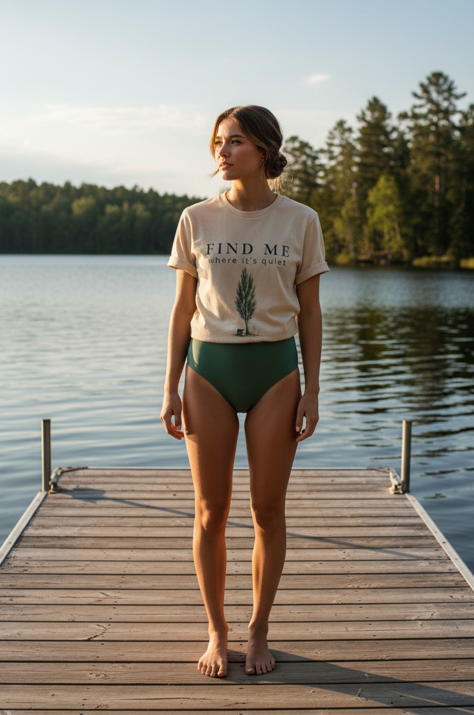 Woman standing on a wooden dock by a lake wearing a 'Find Me' t-shirt and green swimsuit.