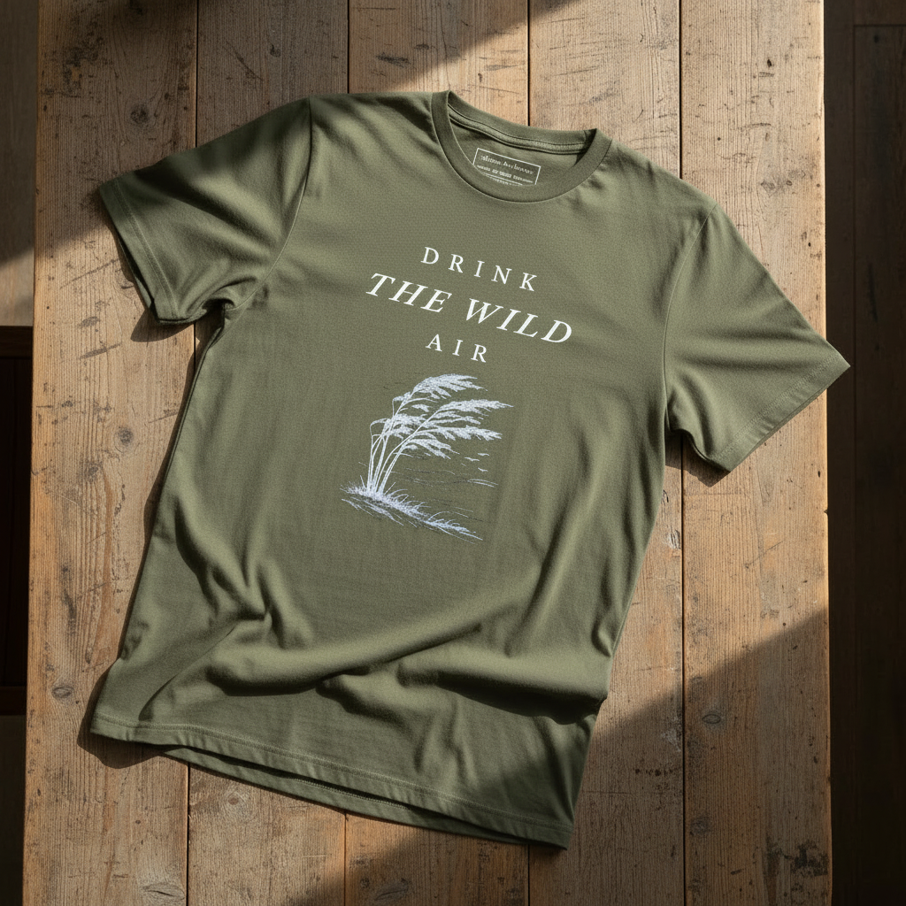 Green t-shirt with 'Drink the Wild Air' text and graphic on a wooden surface