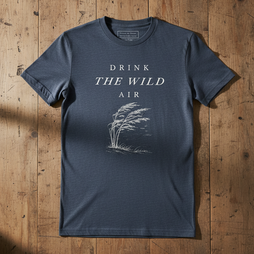 Blue t-shirt with 'Drink the Wild Air' text and tree graphic on a wooden surface