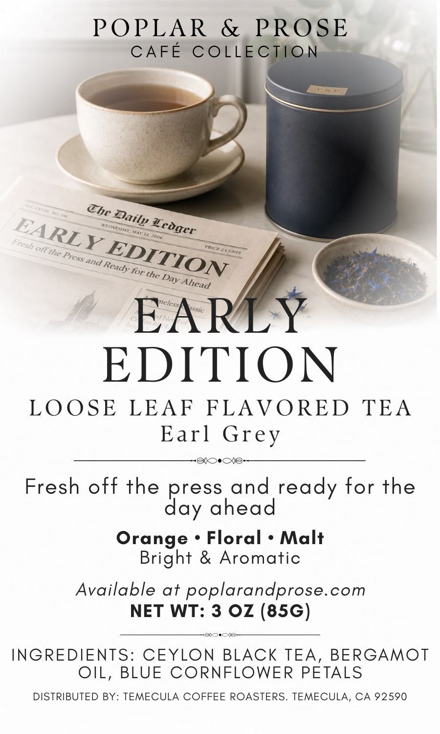 Earl Grey tea label with a cup, tea canister, and newspaper on a white background