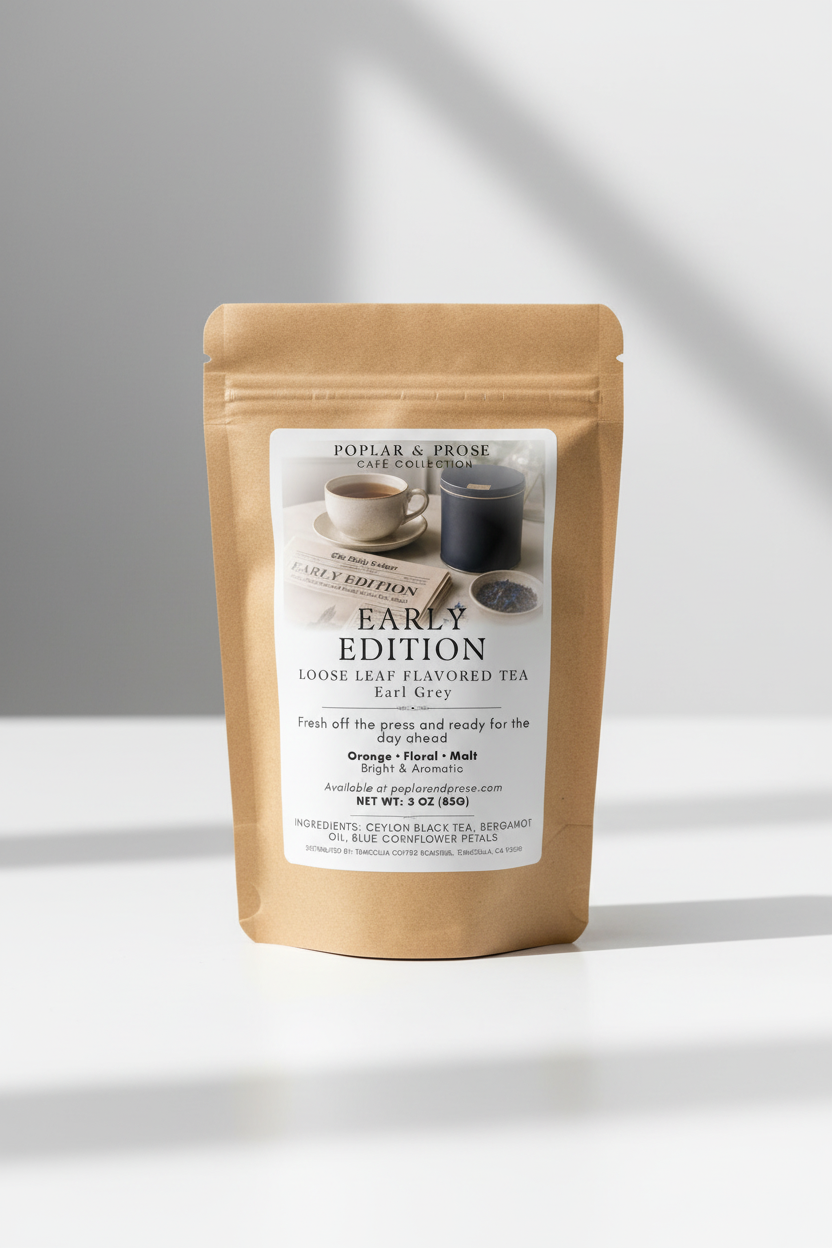 Tea package labeled 'Early Edition' on a white background
