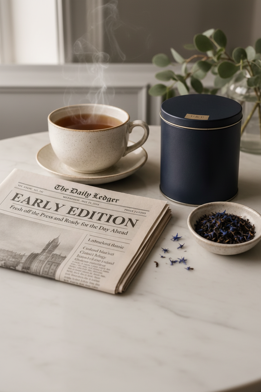 Steaming cup of tea on a saucer with a newspaper and a blue container on a table.