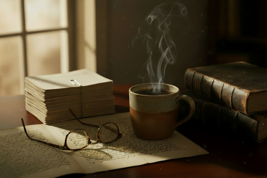 Steaming coffee cup on an open book with glasses and a stack of books and manuscript on a wooden surface.