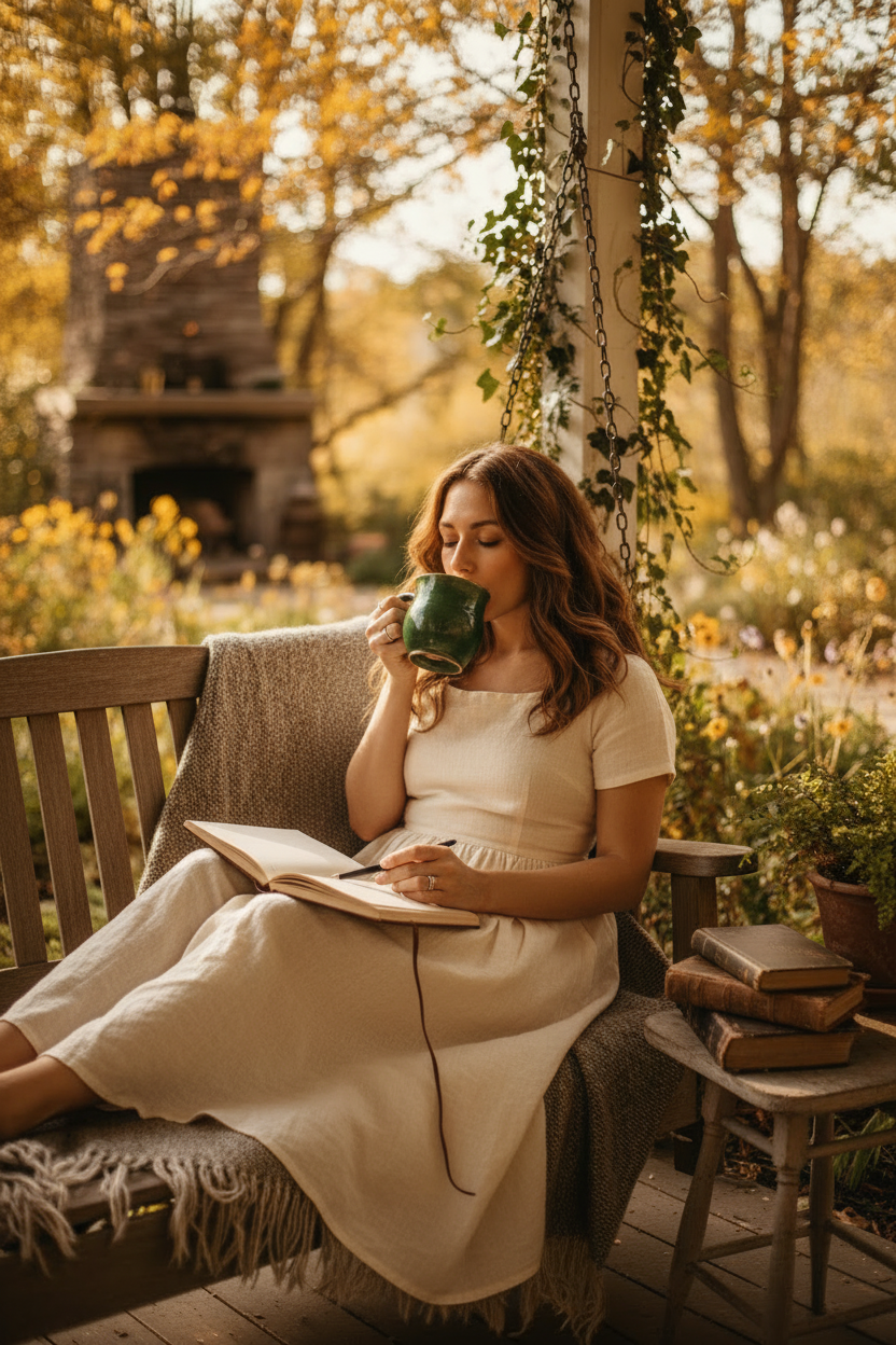 Woman in a white dress sitting on a wooden bench in a garden, drinking Editor's Choice holding a green mug.