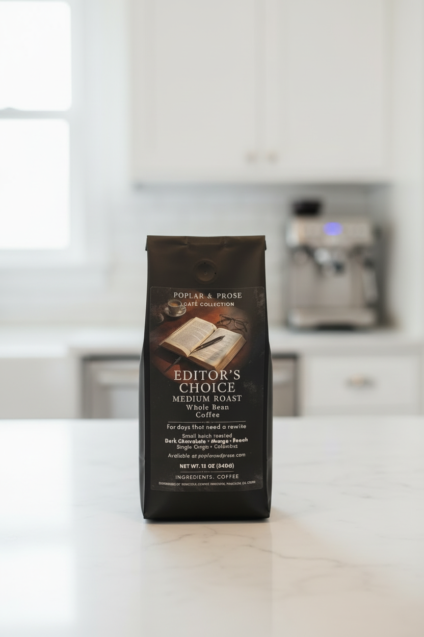 Coffee bag labeled 'Editor's Choice' on a kitchen counter with blurred background