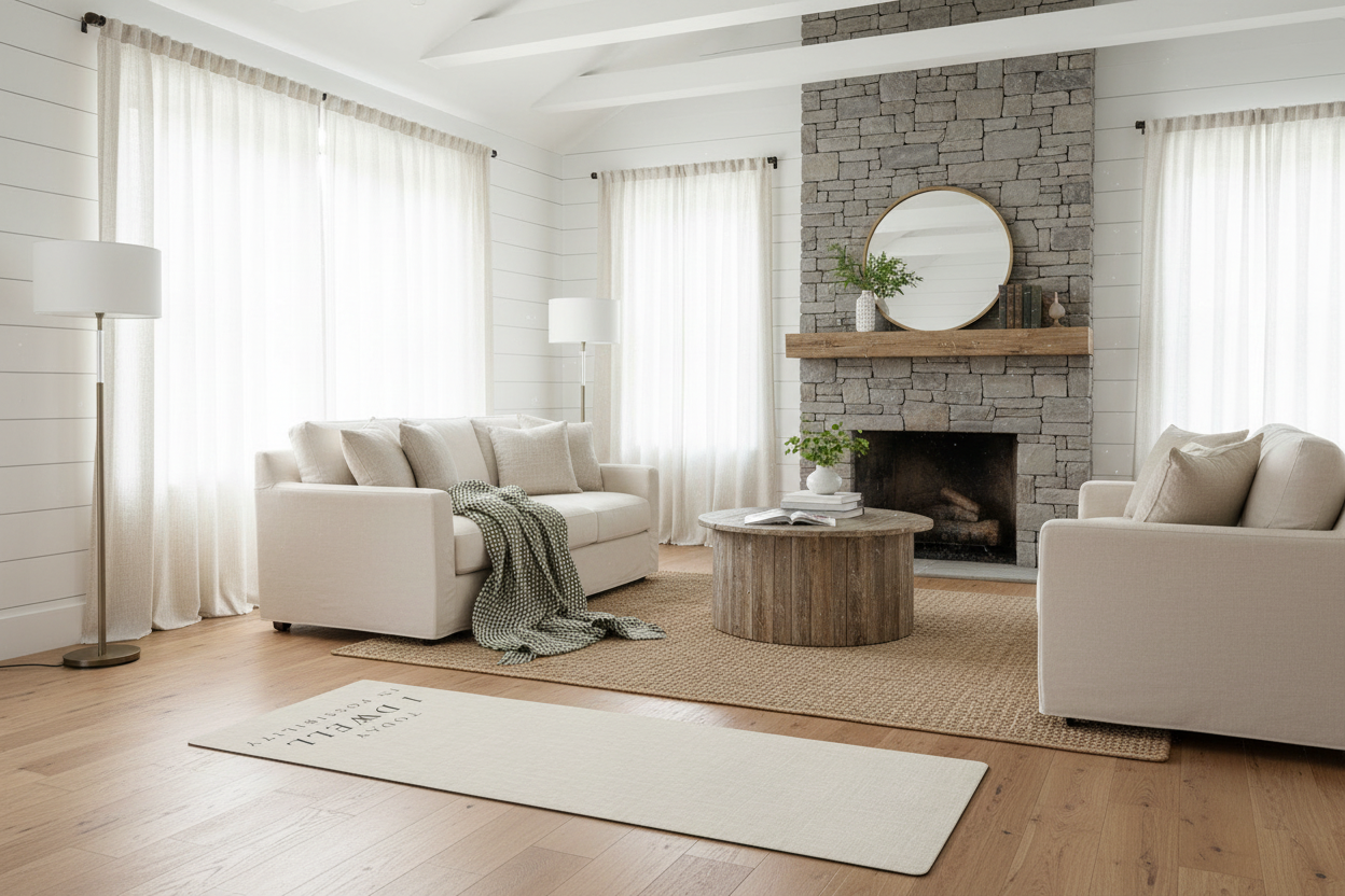 Modern living room with beige sofas, a coffee table, and a fireplace, and the Dwell in Possibility Yoga Mat.