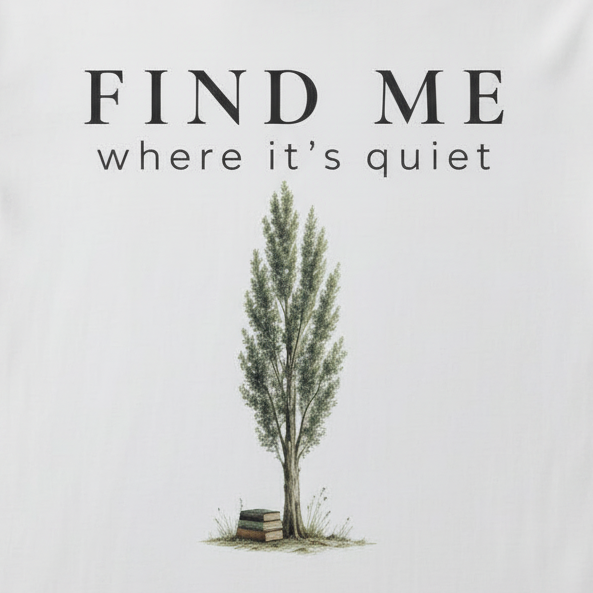 Tree with books and text 'Find Me where it's quiet' in white, close up