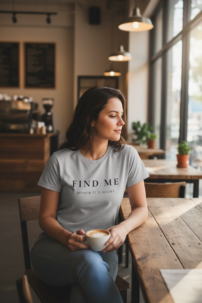 Woman sitting at a table in a cafe holding a coffee cup, wearing the "Find Me Where It's Quiet" organic tee in gray.