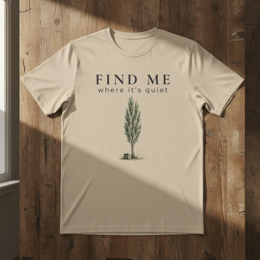 Beige t-shirt with tree graphic and text 'Find Me where it's quiet' on a wooden surface