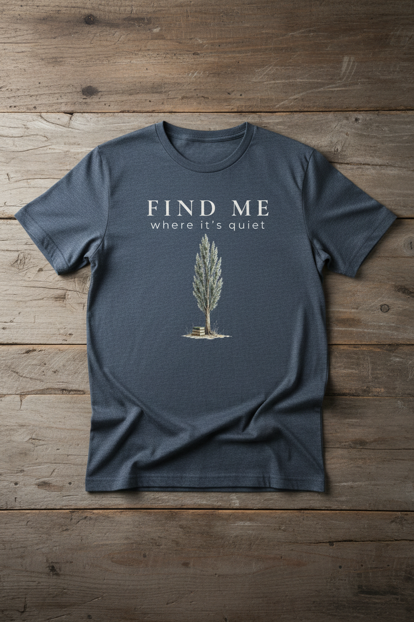 Heather Blue t-shirt with a tree graphic and text 'Find Me where it's quiet' on a wooden surface