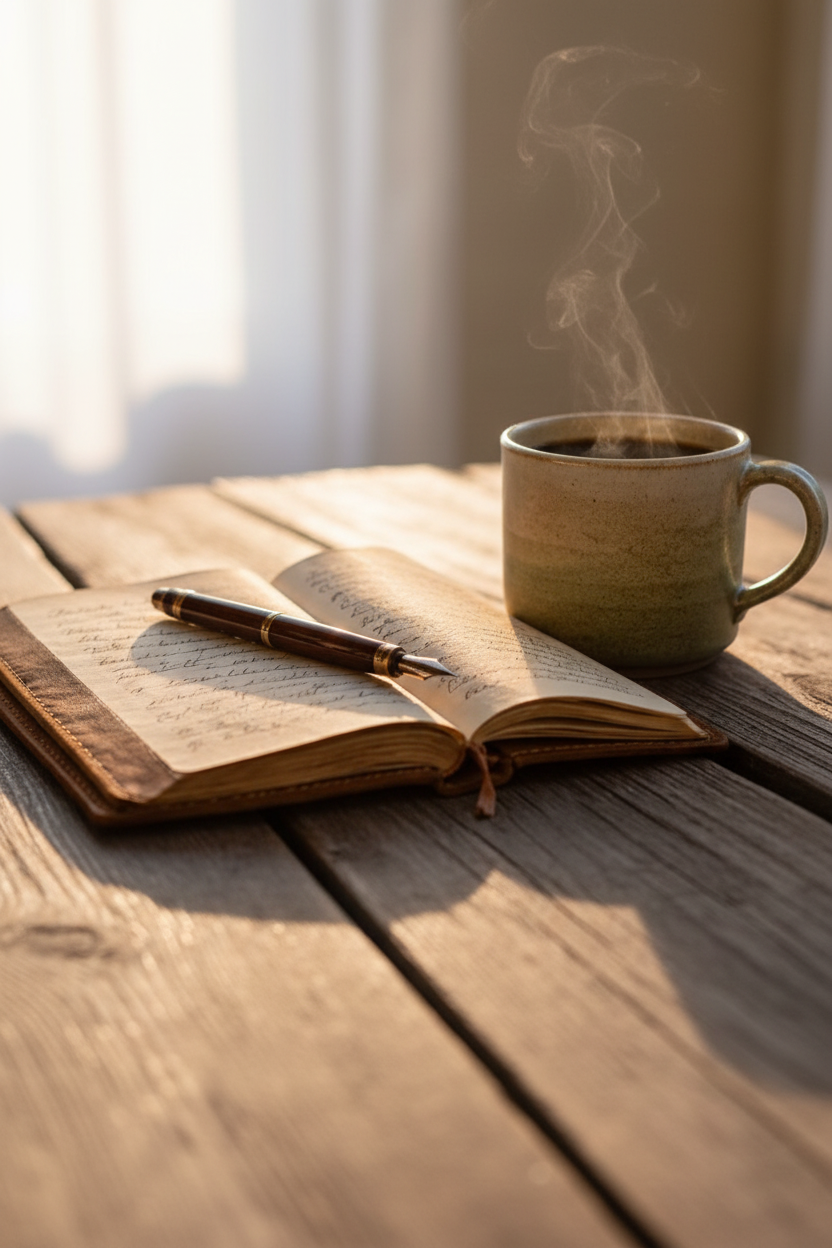 Steaming mug of coffee on an open book with a pen, all on a wooden surface.