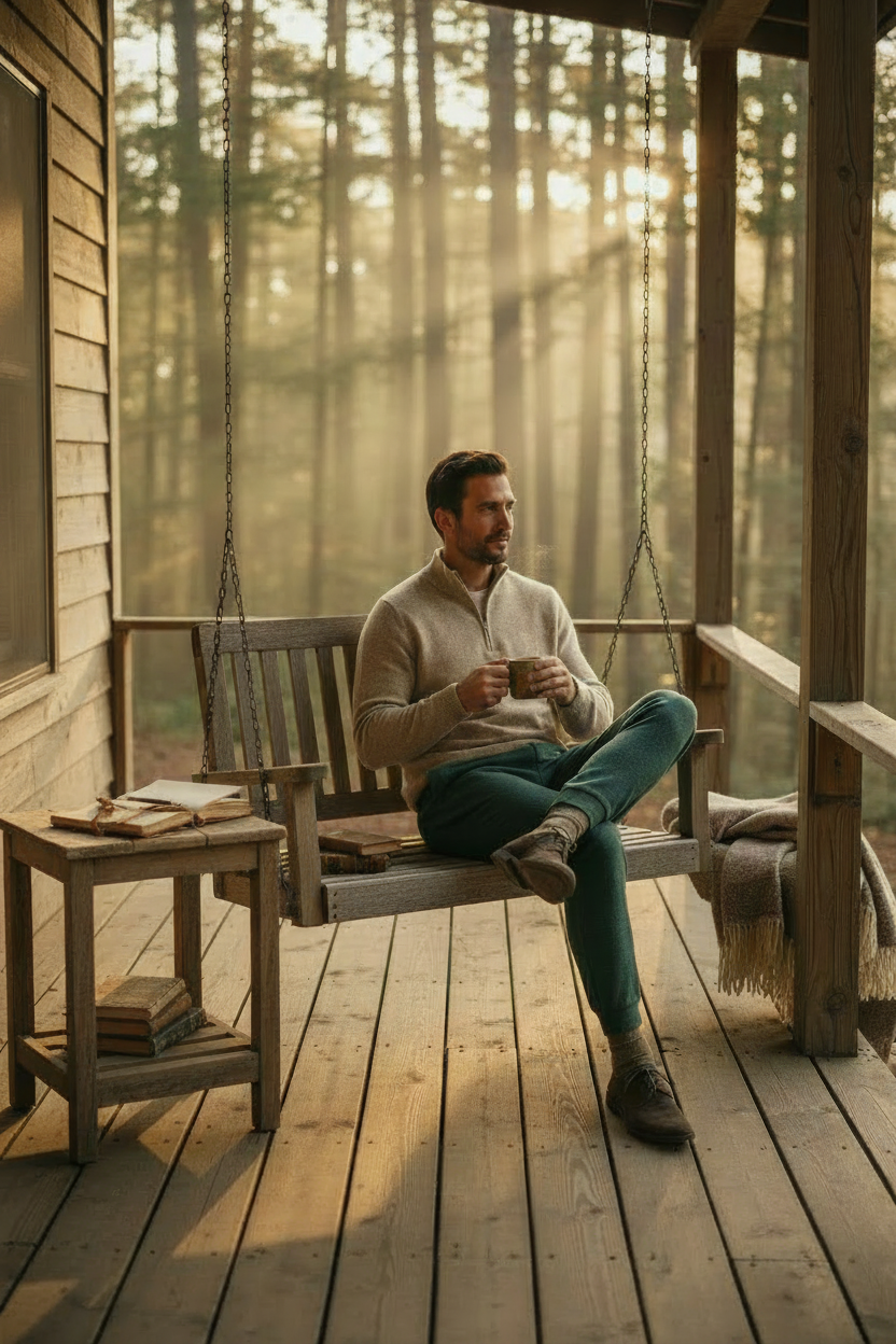 Man sitting on a swing on a wooden porch with a forest view., drinking coffee with journal and books