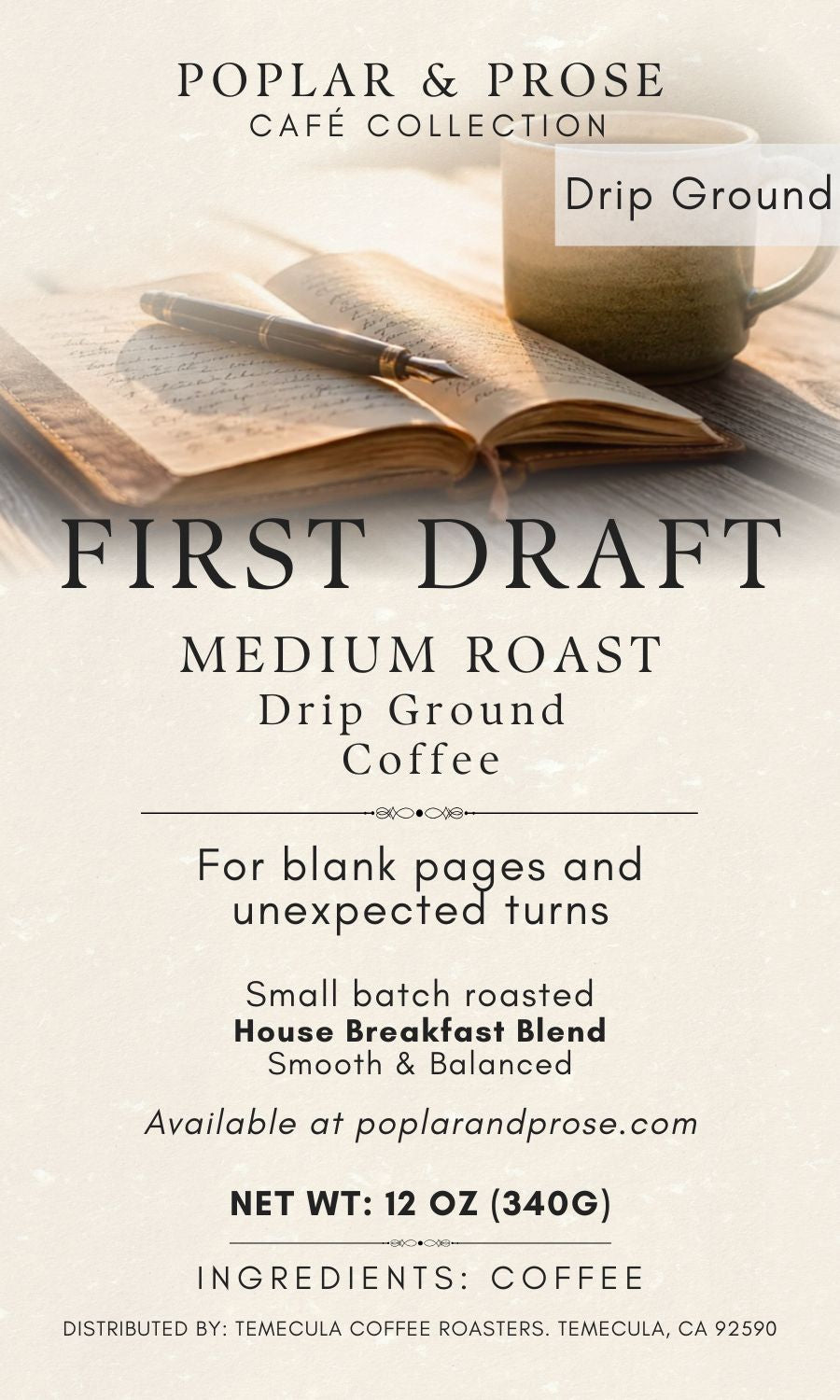 Label for Poplar & Prose coffee with a cup of coffee and open book on a wooden surface.