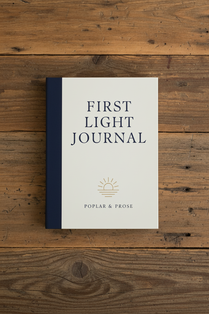 Book titled 'First Light Journal' by Poplar & Prose on a wooden surface