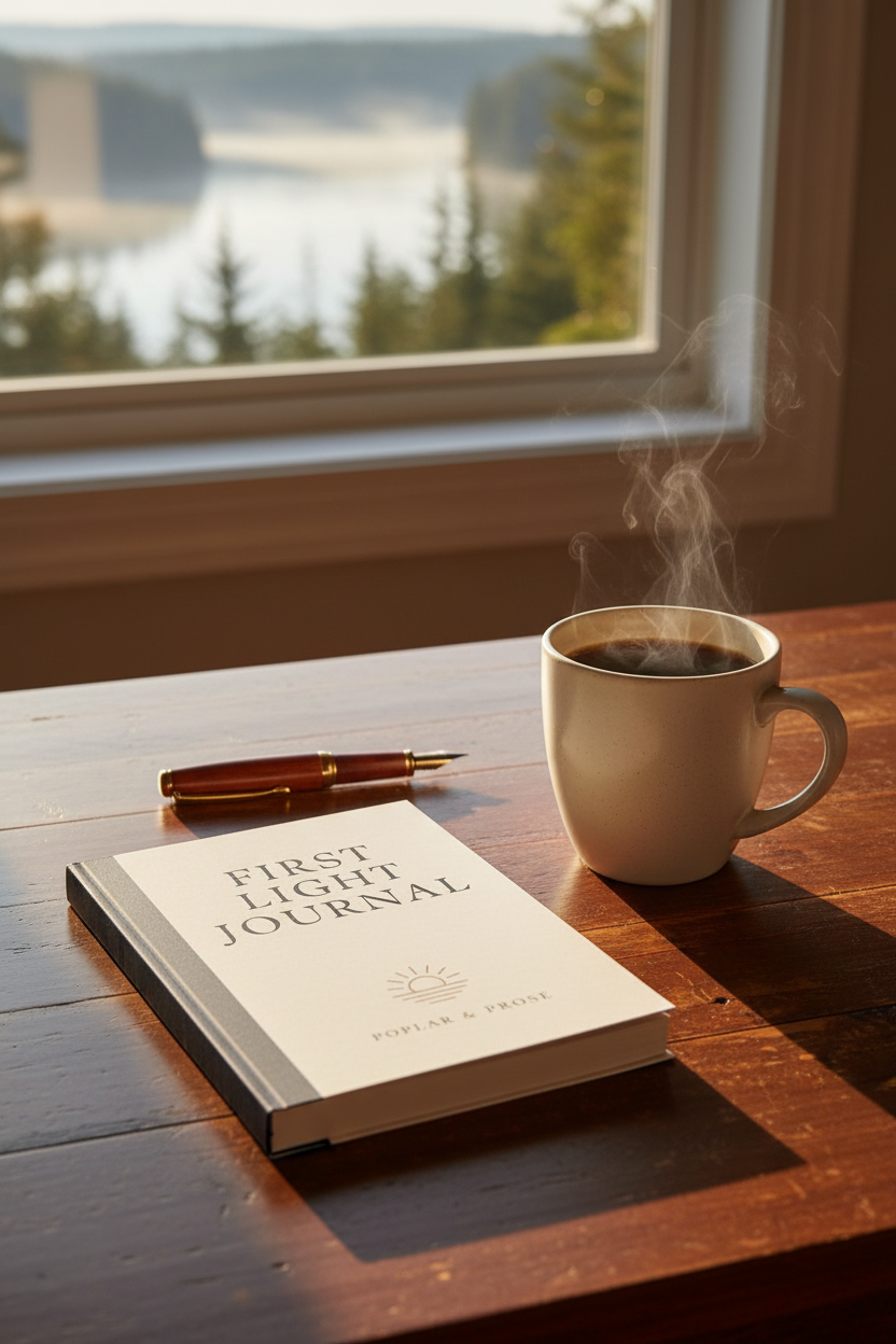 Book titled 'First Night Journal' with a steaming cup of coffee on a wooden table by a window with a view of trees and water.