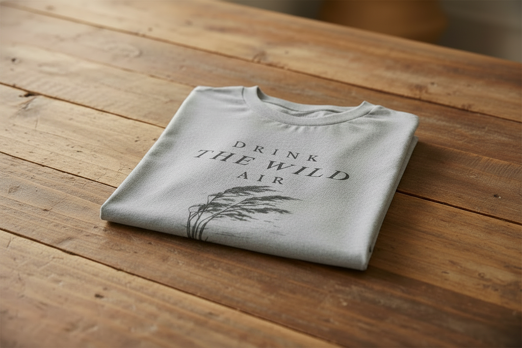 Folded tee with 'Drink the Wild Air' text and illustration on a wooden surface