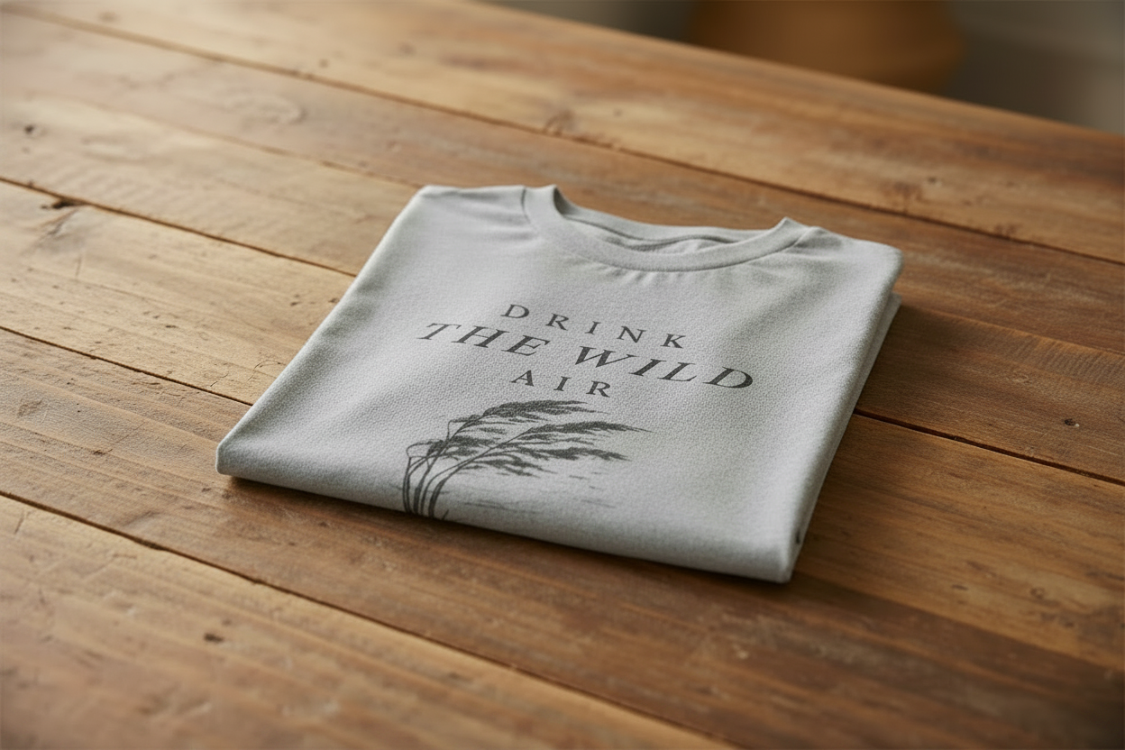 Folded tee with 'Drink the Wild Air' text and illustration on a wooden surface
