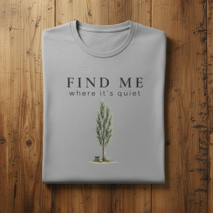 Folded gray t-shirt with a tree graphic and text on a wooden surface