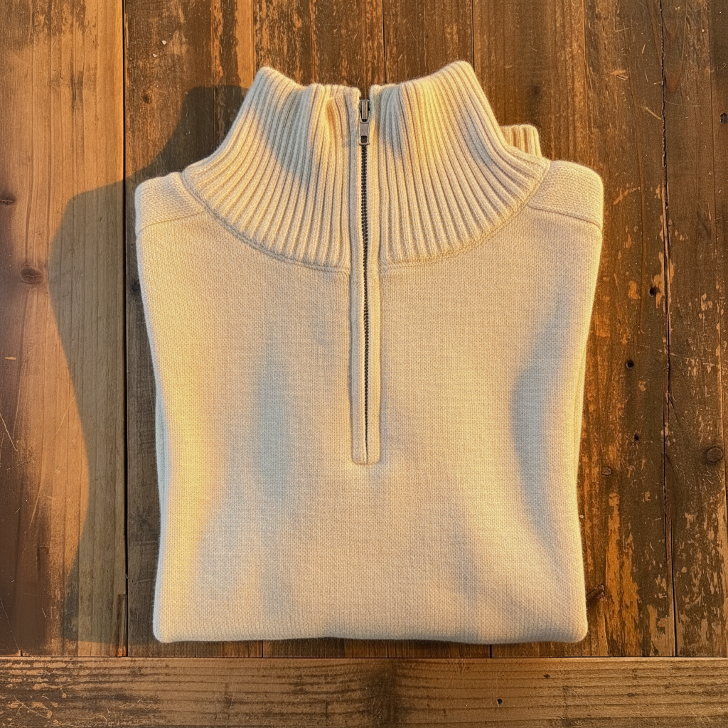 Folded beige Retreat Pullover with a zipper on a wooden surface