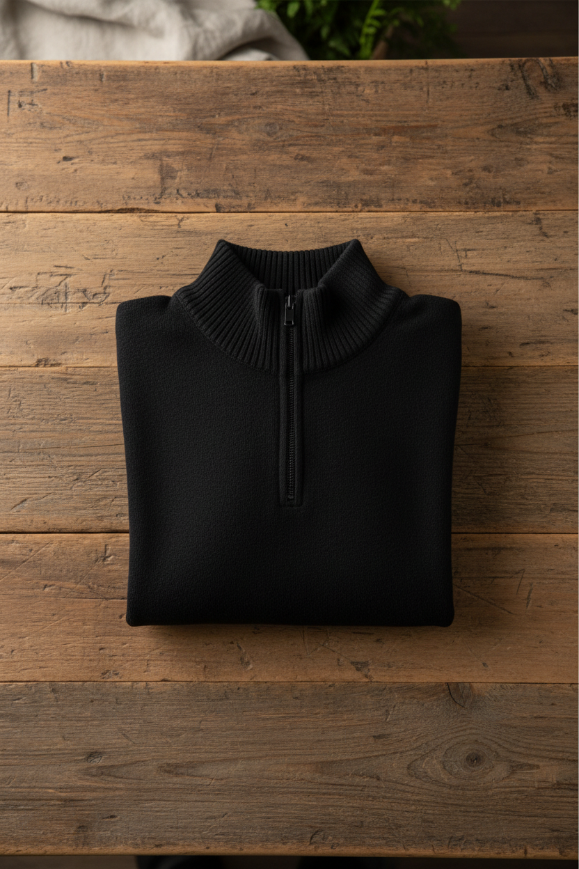Black Retreat Pullover  on a reclaimed wooden surface