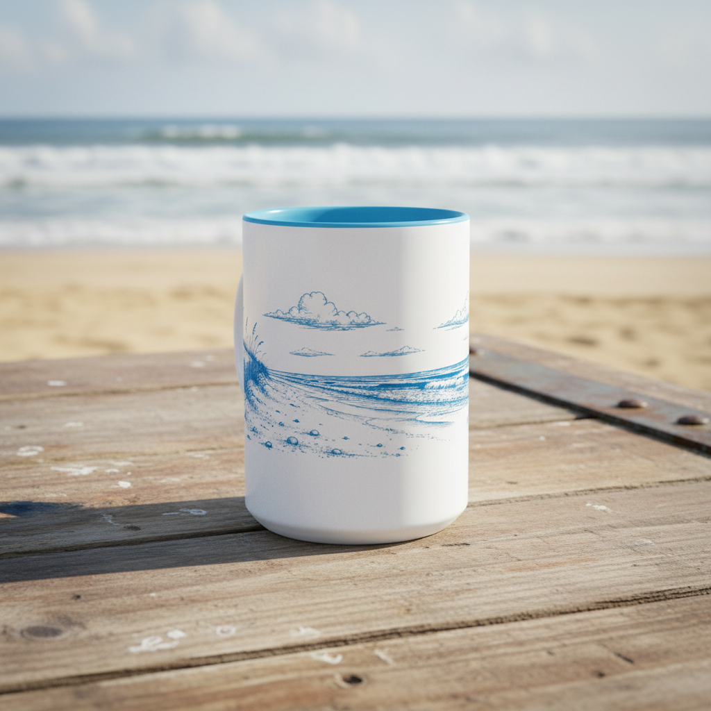 White mug with blue interior and wave design on a wooden surface by the beach, front view
