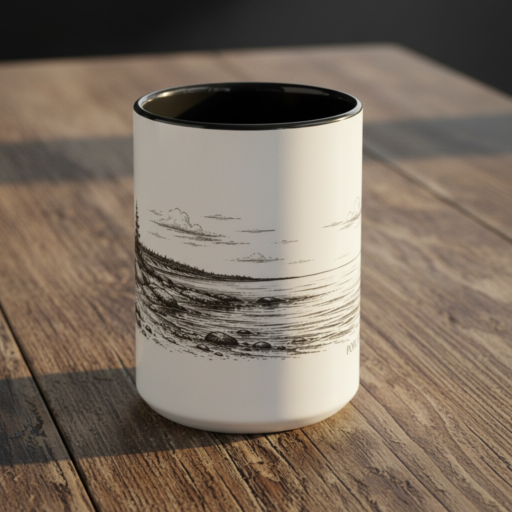 Front view, Lake Shoreline Mug with black interior and landscape design on a wooden surface
