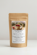Tea package labeled 'Garden Party' with a white background