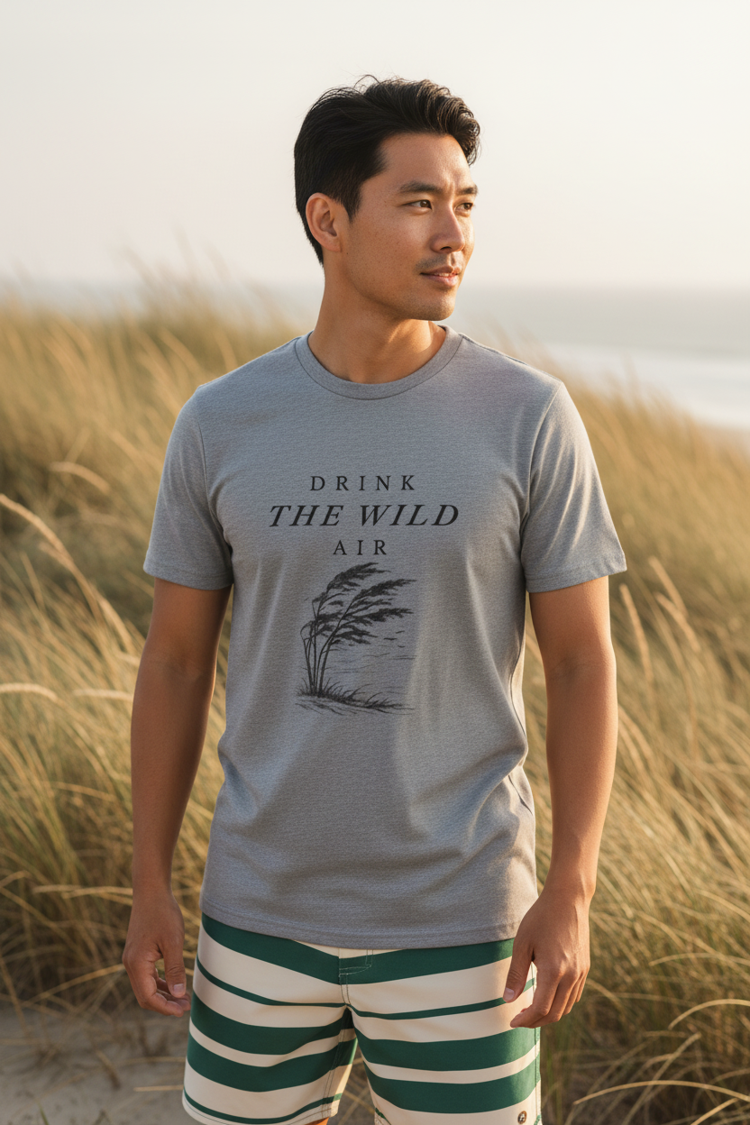 Man wearing a gray t-shirt with 'Drink the Wild Air' text and graphic, standing in sand dunes.