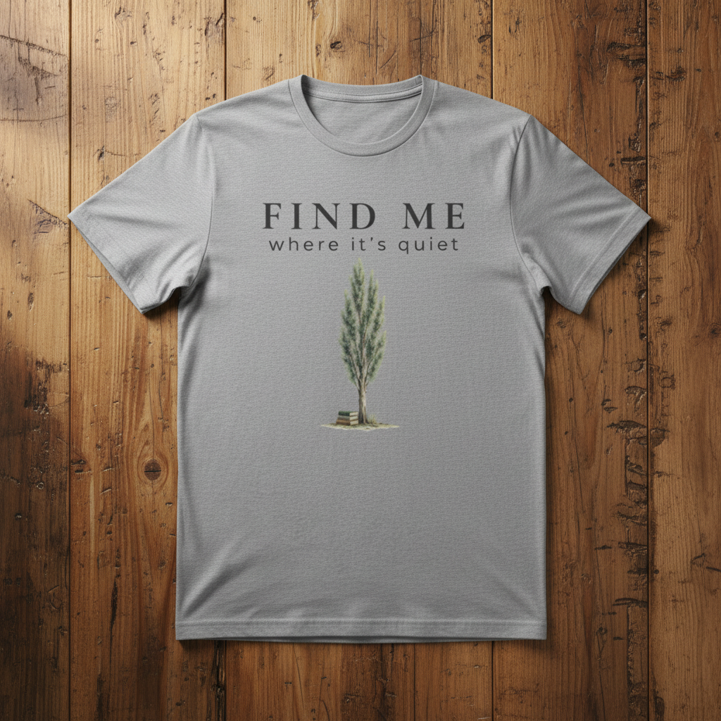 Gray t-shirt with a tree graphic and text on a wooden surface