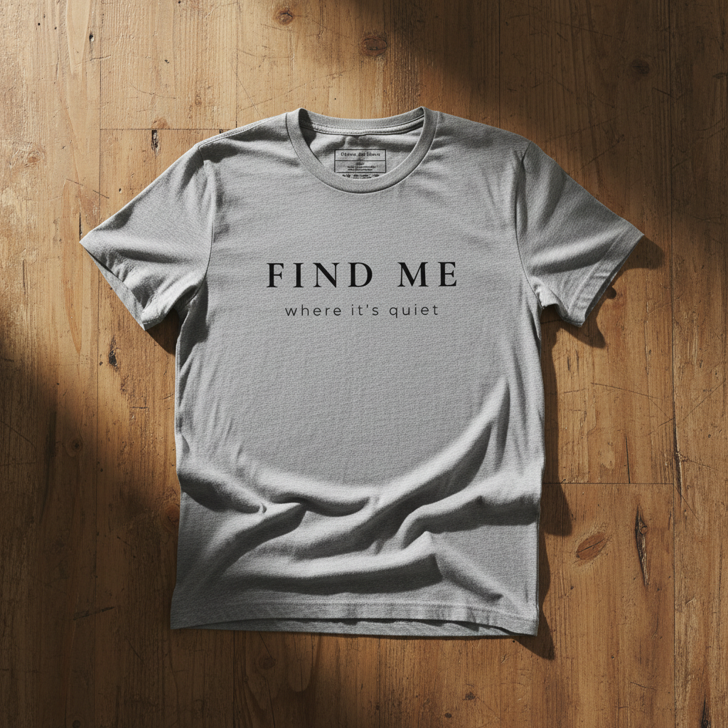 Gray t-shirt with 'FIND ME where it's quiet' text on a wooden surface