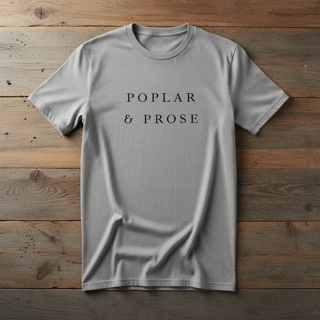 Gray Logo Tee Poplar & Prose on wooden surface