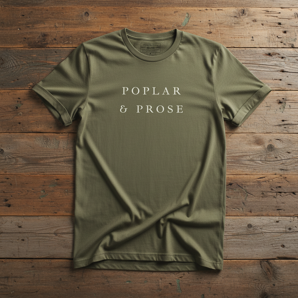 Green t-shirt with 'Poplar & Prose' text on a wooden surface