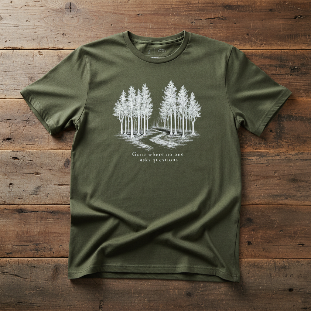 Green t-shirt with forest graphic and text “gone where no one asks questions” on a wooden surface