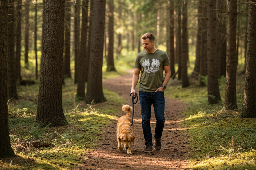 Man walking a dog on a path through a forest wearing the grove tee in green
