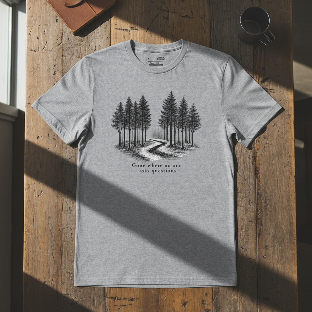 Gray t-shirt with forest design and text “gone where no one asks questions” on a wooden surface