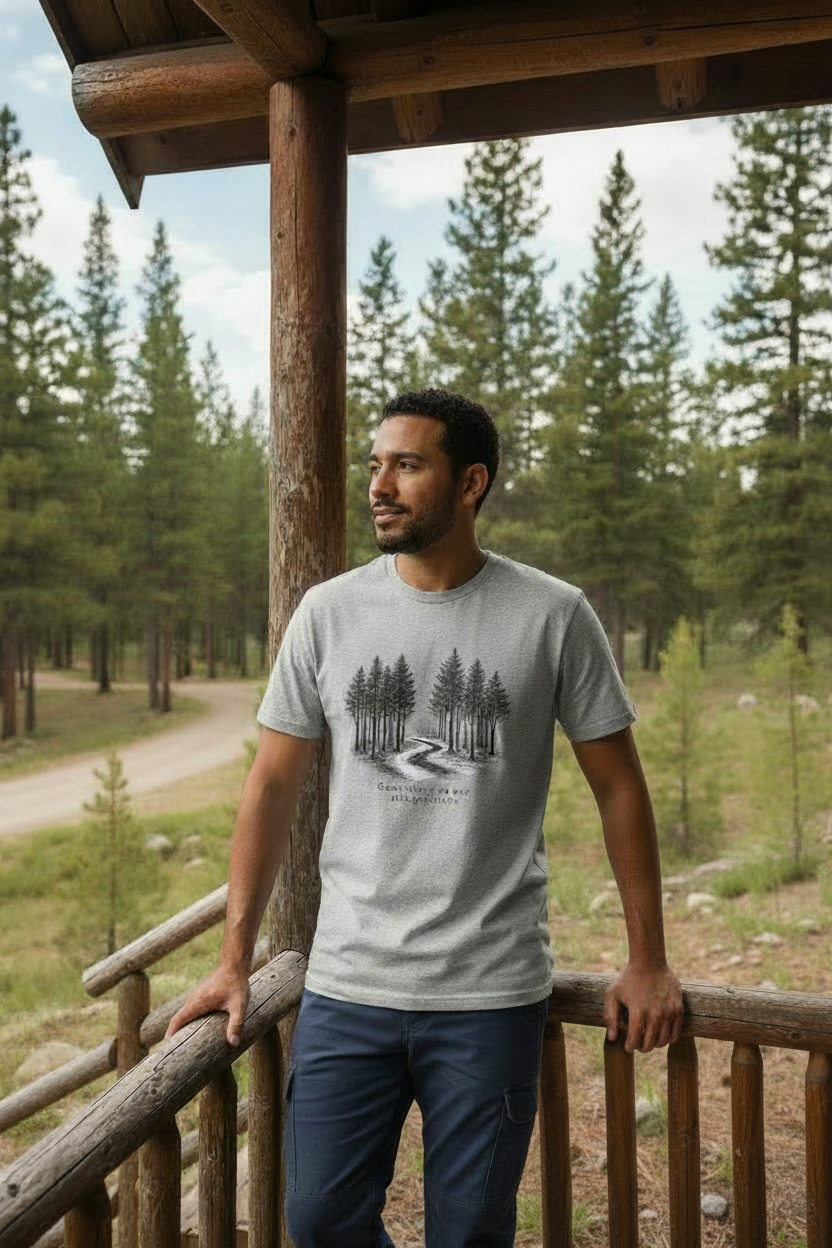Man standing on a wooden deck with a forest in the background wearing the grove tee in gray. 