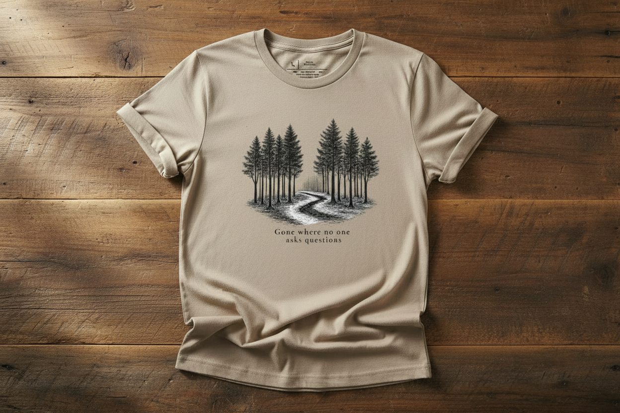 Beige t-shirt with a forest design and “gone where no one asks questions” on a wooden surface