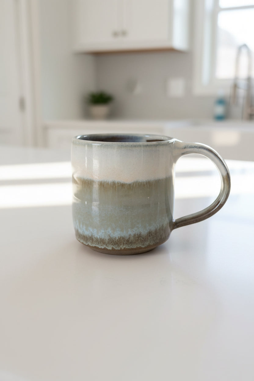 Stoneware  mug with green and cream glaze in a white kitchen