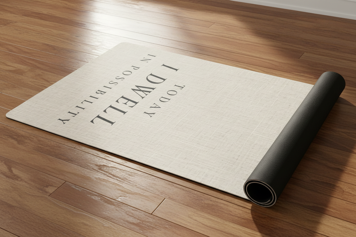 Rolled-up yoga mat with 'I Dwell'  quote on a wooden floor
