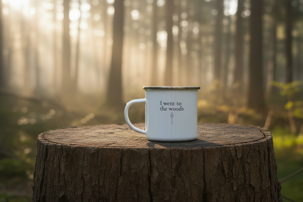 I went to the woods enamel camp mug resting on a tree stump in the woods