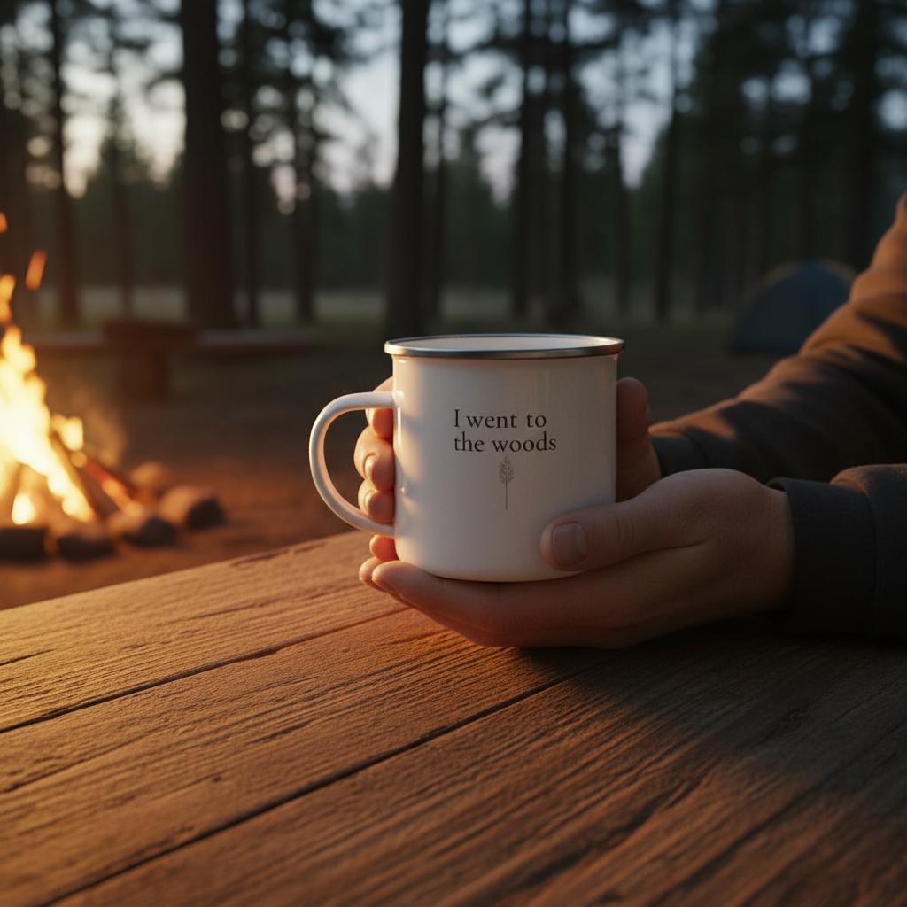 Person holding a mug with 'I went to the woods' text by a campfire in the woods