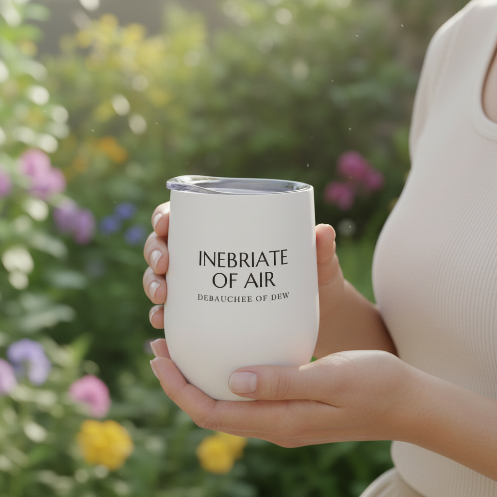 Person holding a white tumbler with lid and text 'Inebriate of Air / Debauchee of Dew' in a garden setting