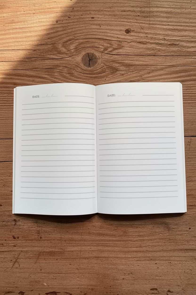 Open notebook with lined pages laying on reclaimed wood table