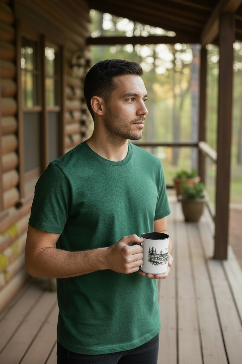 Man holding the Lake Shoreline mug on a wooden cabin porch with a forest background