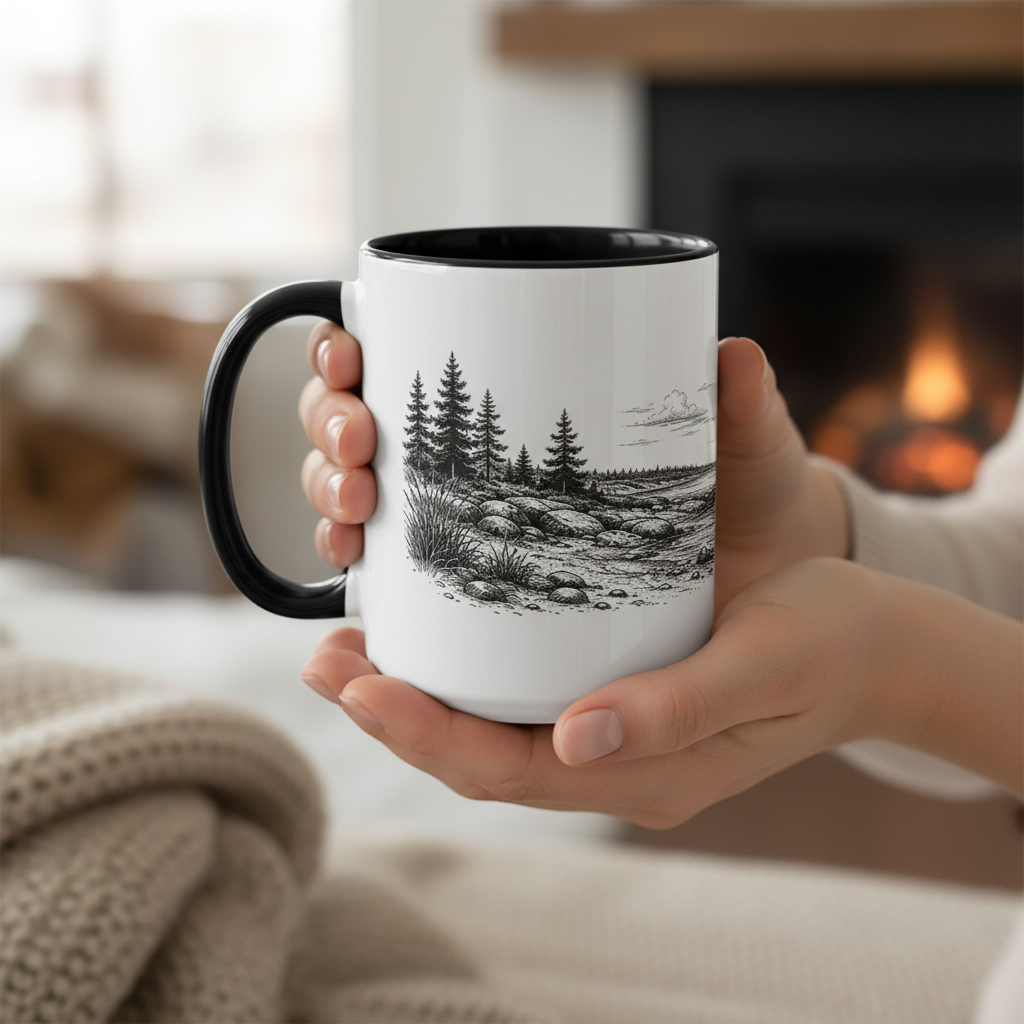 Person holding a mug with a nature illustration in front of a fireplace