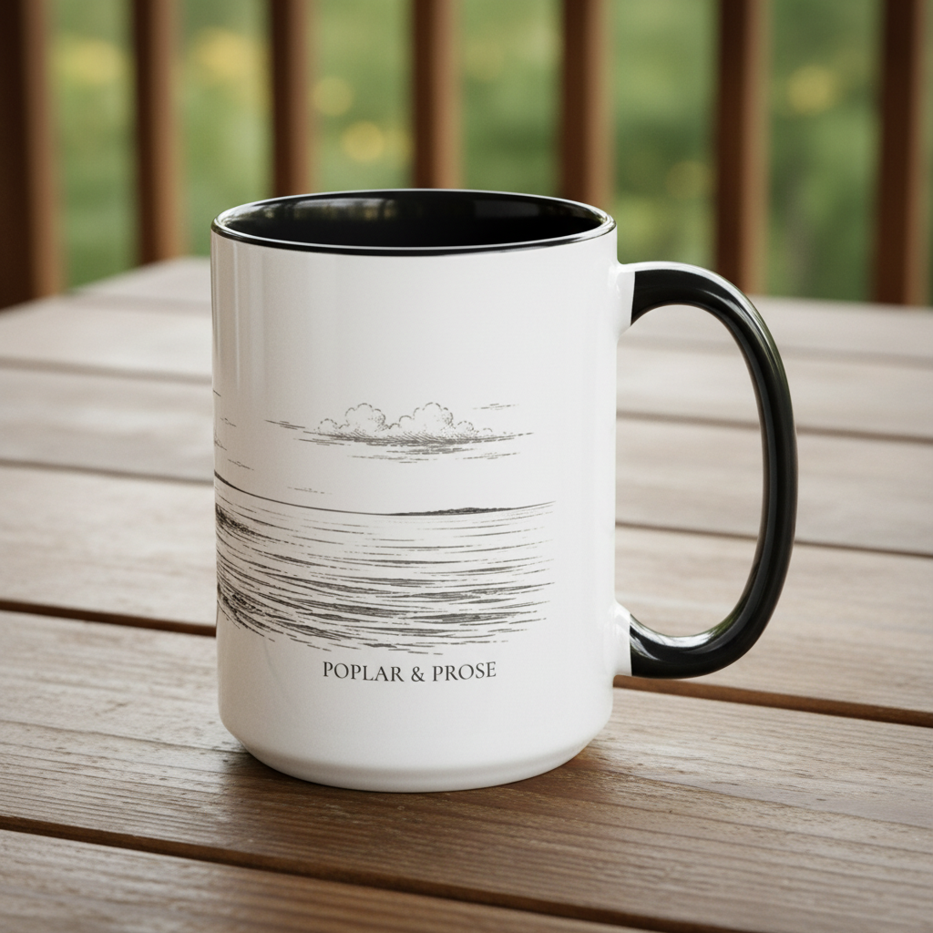 White mug with black interior and handle on a wooden surface, featuring 'Poplar & Prose' branding, right handle side view