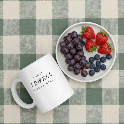 White Emily Dickson-inspired mug in 11 oz on a checkered tablecloth next to a plate of fruits
